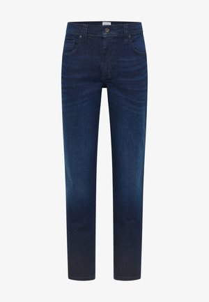 Tamsiai mėlynos džinsinės kelnės, tiesaus kirpimo, penkios kišenės, švelnus plovimas priekyje, tvirtas metalinis mygtukas ir užtrauktukas.