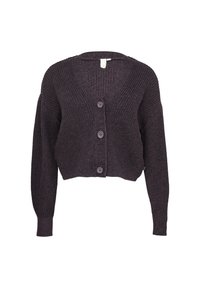 Häkelstil, kurz geschnittene Strickjacke in Dunkelviolett. Mit V-Ausschnitt, langen Ärmeln und vier Knöpfen vorne. Strukturiertes Strickmuster.