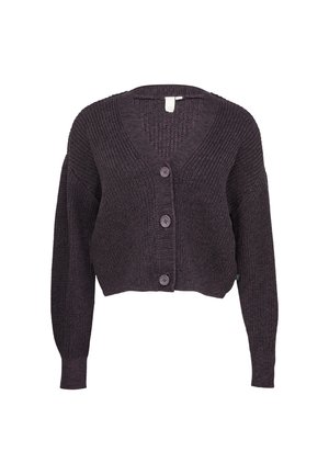Gehaakte, cropped cardigan in donkerpaars. Met een V-hals, lange mouwen en vier knopen aan de voorkant. Gekuild breipatroon.