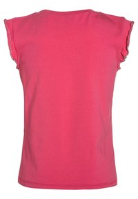 Růžové tričko s krátkým rukávem a kulatým výstřihem, s jemně rýhovanými rukávy. Vyrobeno z hladké tkaniny s rovnoměrnou strukturou. Viditelné švy.