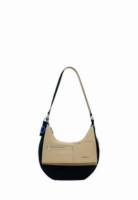 Hobo bag with a tan front panel and textured black base. Features a zip pocket, silver hardware, and a single strap.