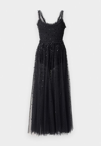 Schwarzes ärmelloses langes Kleid mit Spaghetti-Trägern, strukturiertem Oberteil und durchsichtigem Rock, der mit verstreuten Pailletten verziert ist.