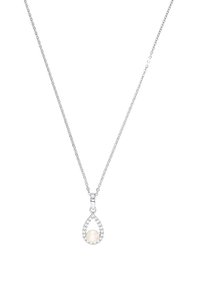 Collana in argento con pendant a forma di goccia che presenta una perla centrale circondata da piccoli cristalli.