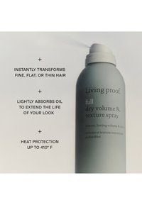 Puszka sprayu Living Proof full dry volume and texture z tekstem podkreślającym objętość włosów, absorpcję oleju i ochronę termiczną do 410°F.