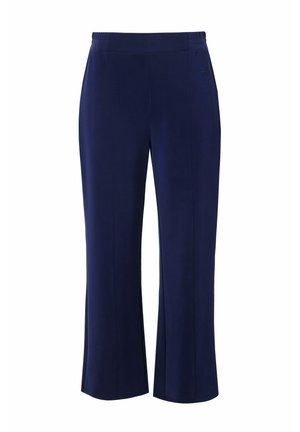 Pantaloni in tessuto elastico blu navy, con design a gamba dritta, vita elastica e dettagli di cucitura sottili sui lati.