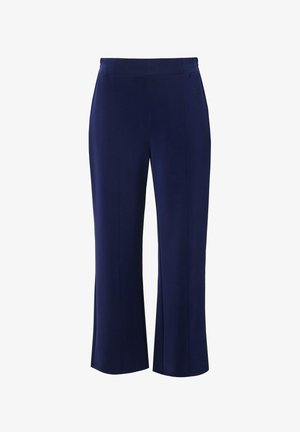 Navy blue, stretch fabric pants with a straight leg design, elastic waistband, and subtle stitching details on the side.