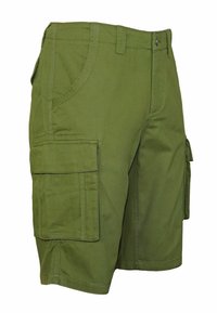 Bermudas cargo en tela de algodón verde olivo, con múltiples bolsillos laterales, una textura suave y costuras reforzadas.