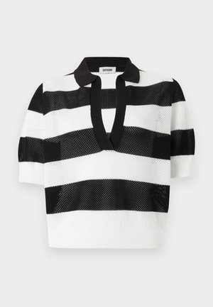Black and white striped knit polo shirt with short sleeves, featuring a mesh texture and a contrasting black collar.