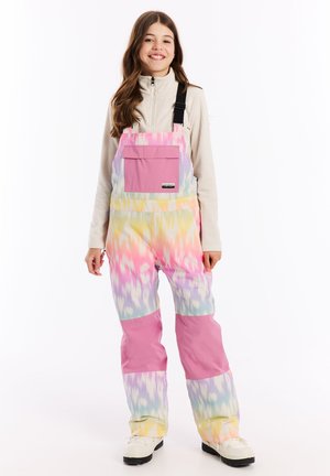 Bunte Schneehose mit pinken, gelben und blauen Batikmustern. Wasserdichtes Material mit verstellbaren Trägern und einer Fronttasche.