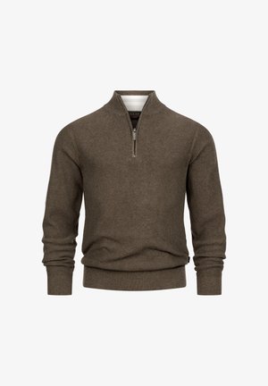 Brązowy, prążkowany sweter z dzianiny z kołnierzykiem na ćwierć zamka, długimi rękawami i dopasowanym dołem. Miękka tekstura w jednolitym kolorze oraz minimalnymi detalami.