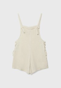 Abito salopette beige in lino con spalline sottili, fiocchi laterali e vestibilità rilassata. Tessuto morbido e taglio stiloso per un indossare comodo.