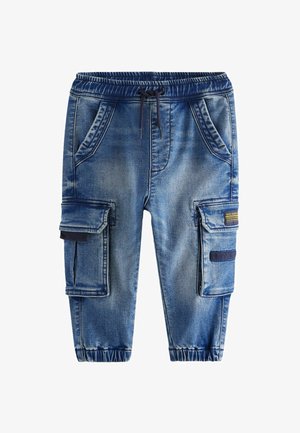 Džínsy cargo v svetlo modrej farbe, s elastickým pásom, viacerými vreckami a jemne vyblednutou textúrou pre ležérny vzhľad.