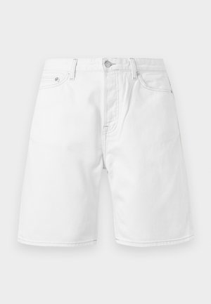 Meeste valged teksapüksid, millel on ees nööbid ja lukk, vööaasad ning kaks eesmist taskut, taust on ühtlane.