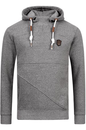 Gray hoodie with a textured finish, featuring a frontal pocket, contrasting seams, white drawstrings, and a small black logo patch.
