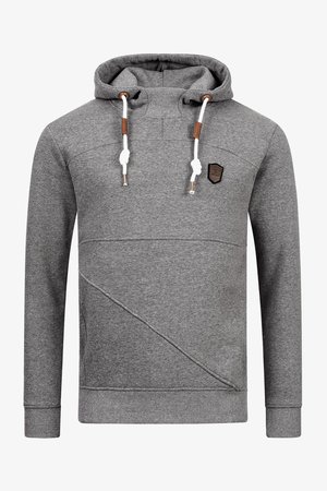 Gray hoodie with a textured finish, featuring a frontal pocket, contrasting seams, white drawstrings, and a small black logo patch.