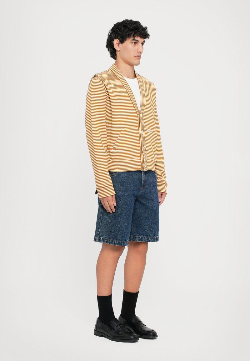Gestreifter gelber Cardigan mit Knopfleiste und zwei Taschen, kombiniert mit blauen Jeansshorts, schwarzen Socken und schwarzen Mokassins. Einheitlicher Hintergrund.