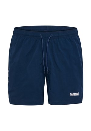 Short de sport bleu marine avec taille élastique et cordon à l'avant, avec le logo blanc « hummel performance » sur la jambe gauche.