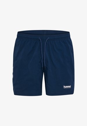 Marineblaue Sportshorts mit elastischem Bund und vorderem Kordelzug, mit weißem "hummel performance" Logo am linken Bein.