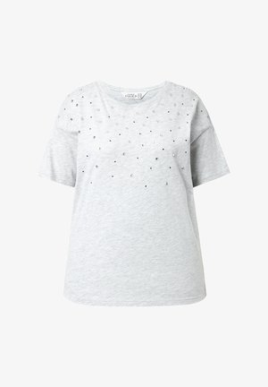 Graues kurzärmeliges T-Shirt aus weichem Stoff, verziert mit klaren und schwarzen Strasssteinen, die in einem verstreuten Muster auf der Vorderseite angeordnet sind.