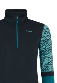 Zwarte fleece top met rits en hoge kraag, met mouwen in teal dierenprint. Bevat een logo op de borst en een contrasterende rits.