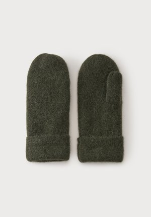 Moufles en laine vert foncé avec un revers plié, une montrant une section du pouce, posées à plat sur un fond clair.