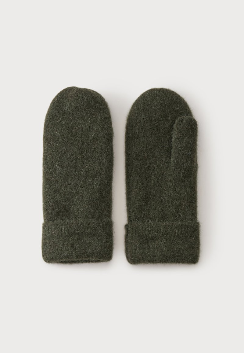Moufles en laine vert foncé avec un revers plié, une montrant une section du pouce, posées à plat sur un fond clair.