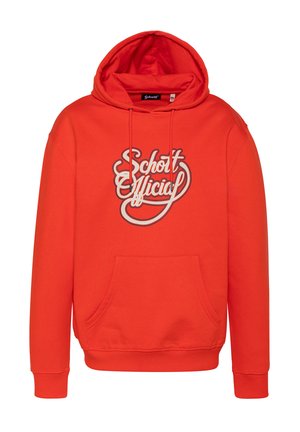Hellrotes Kapuzensweatshirt mit Fronttasche und weißem, stilisiertem "Schott Official"-Schriftzug auf der Brust.
