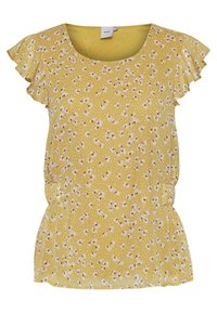 Blouse jaune à manches courtes avec un petit imprimé floral blanc et marron, encolure ronde et manches légèrement volantées.