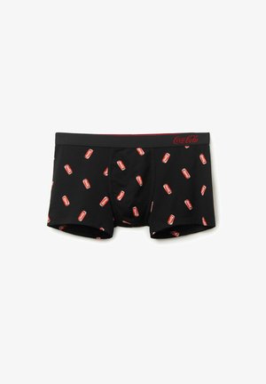Boxer-briefs noirs avec un motif répétitif de canettes de Coca-Cola rouges, taille élastique avec une marque rouge, fabriqués en tissu doux.