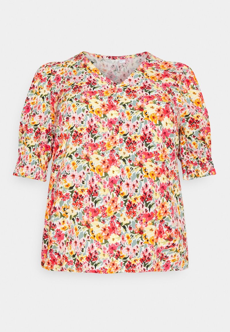 Bloemige blouse met V-hals, korte pofmouwen, een kleurrijk bloemendessin op een lichte achtergrond en een relaxte pasvorm.