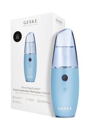 Blå Blue Geske SmartAppGuided Facial Hydration Refresher enhed med mist funktion vist ved siden af dens hvide emballageæske.