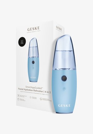 Blauw Blue Geske SmartAppGuided Facial Hydration Refresher-apparaat met nevelfunctie getoond naast de witte verpakking.