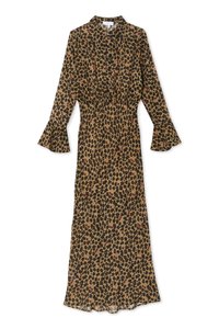 Sukienka w panterkę z długim rękawem, z guziczkowym przodem, ściągniętym w pasie i rozkloszowanymi mankietami w odcieniach brązu, czerni i subtelnych czerwonych akcentach.