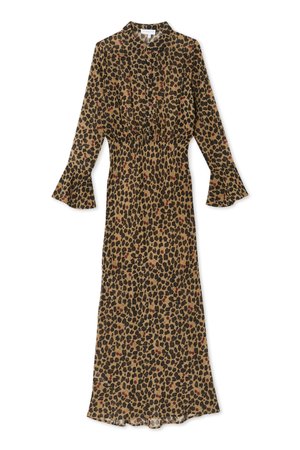 Sukienka w panterkę z długim rękawem, z guziczkowym przodem, ściągniętym w pasie i rozkloszowanymi mankietami w odcieniach brązu, czerni i subtelnych czerwonych akcentach.