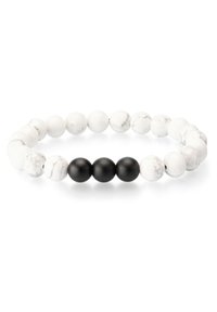 Beaded bracelet made of matte black and white marbled beads, featuring a pattern of alternating colors and smooth, rounded shapes.