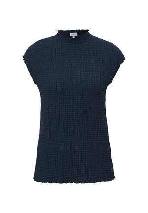 Dunkelblaues Oberteil mit einer strukturierten, zerknitterten Optik, kurzen, umgeschlagenen Ärmeln und einem Rüschensausschnitt. Mit gewelltem Saum am unteren Rand.