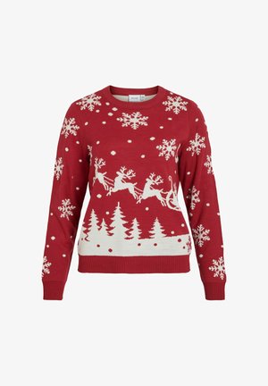 Red sweater with white snowflakes and a winter scene featuring reindeer and trees. Ribbed cuffs and hem, crew neck design. Cotton blend material.