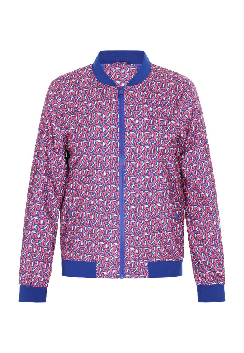 Jachetă bomber colorată, cu un model vibrant și învârtit în nuanțe de roz, roșu și albastru, având un guler și manșete ribbate de culoare albastră.