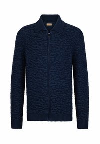 Marinblå texturerad stickad cardigan med dragkedja i fronten och krage. Har ribbade ärmslut och nederkant för en tight passform.