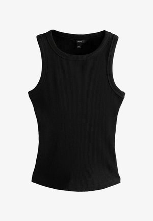 Top de tirantes negro acanalado con escote redondeado y diseño sin mangas. Presenta una forma ajustada y una textura suave. Etiqueta de la marca visible en el interior.