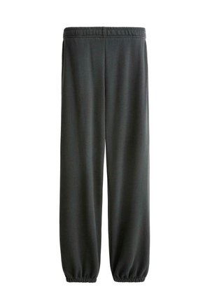 Temno sive trenirke s elastičnim pasom in elastičnimi manšetami, prikazane na belem ozadju.