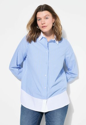 Camicia a righe blu chiaro con colletto e orlo bianchi, con maniche lunghe e chiusura con bottoni, indossata sopra jeans scuri.