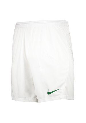 Biele športové šortky vyrobené z ľahkého materiálu, s elastickým pásom a zeleným logom Nike na dolnom leme.