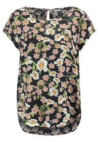 Blusa floral con fondo negro y flores blancas y rosas. Mangas cap, escote redondeado y detalle de ojal en la parte posterior.