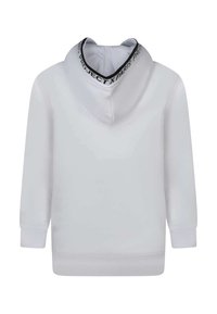 Haut à capuche blanc avec un col haut, présentant une bande de logo noire au niveau du cou, des poignets et un ourlet côtelés. Texture lisse, design minimaliste.