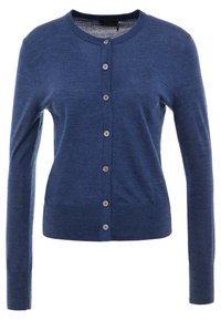 Mörkblå cardigan i mjukt material, med rund halsringning, långa ärmar och sex knäppningar fram.