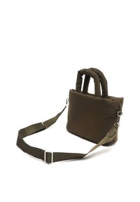 Olive green padded bag with two short handles and a removable shoulder strap. Soft texture, rectangular shape, minimal hardware details.