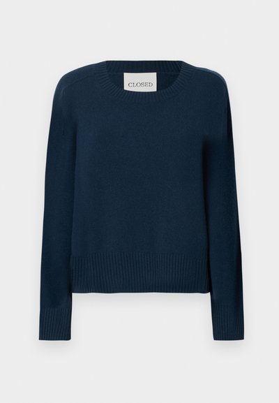 Navy blue sweater with a ribbed round neckline and hem, long sleeves, and a relaxed fit. Made from a soft knit material with minimal detailing.
