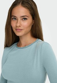 Lys blå langermet topp med rund halslinning dekorert med delikat blonder. Laget av mykt stoff, den har en tettsittende silhuett med en svak glans.