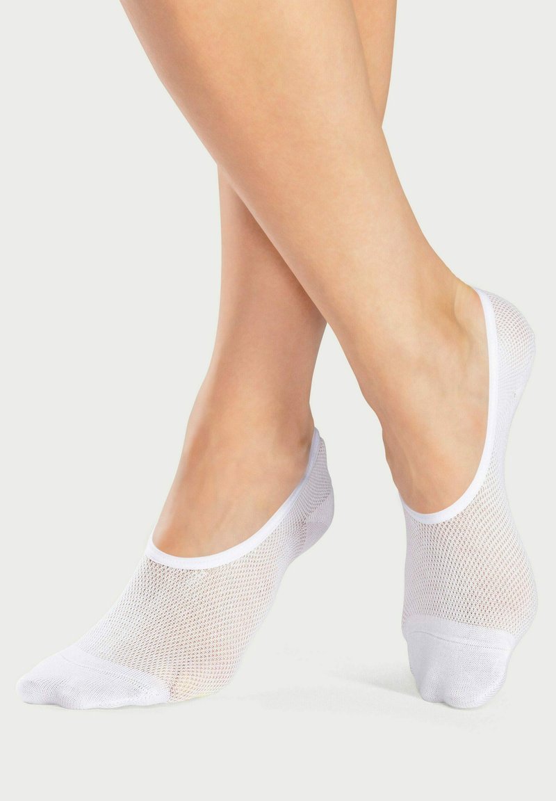 White mesh socks with a low-cut design, featuring a smooth toe seam and breathable texture for comfort and ventilation.